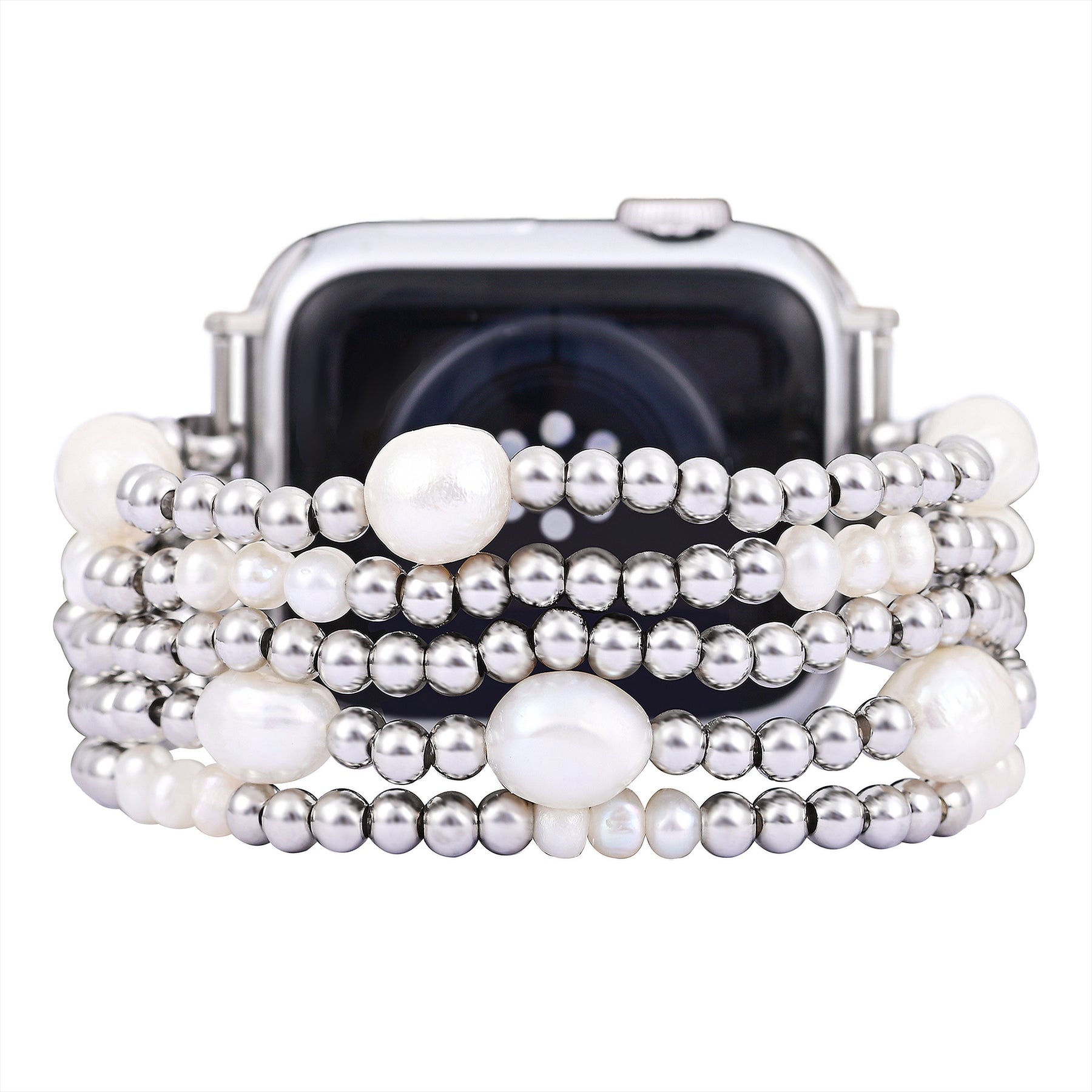 Pearl and Silver Stretch Apple Watch Strap