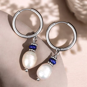 Silver Lapis Lazuli Pearl Hoop Earrings