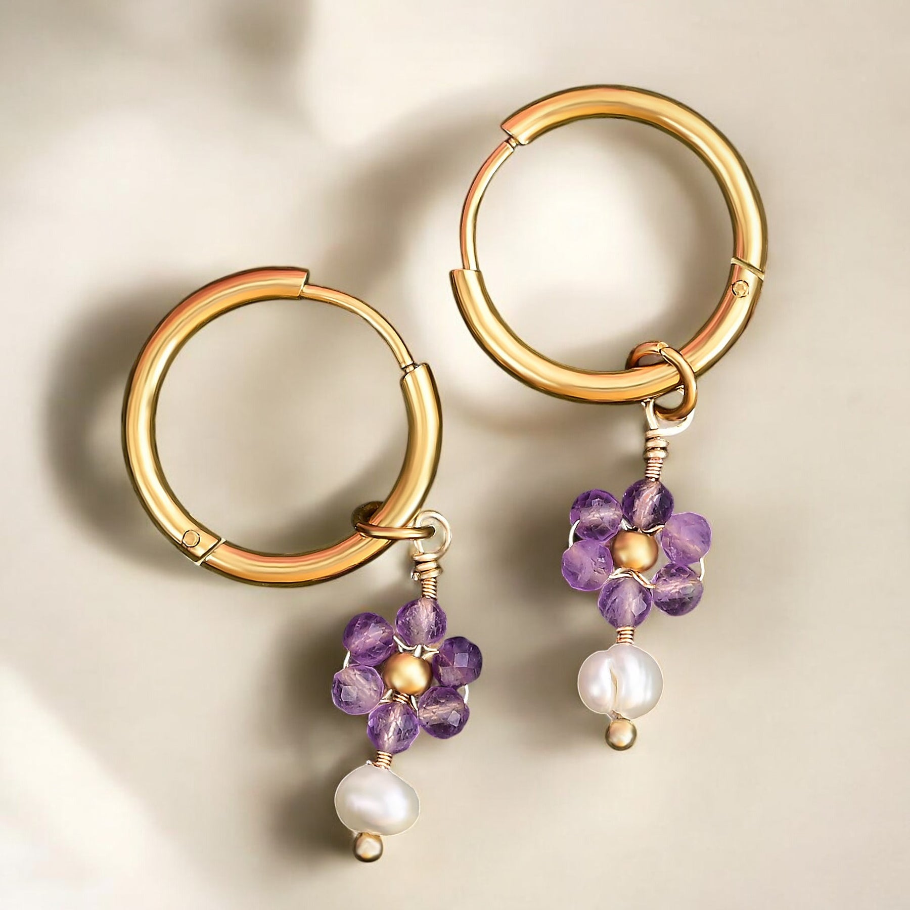 Amethyst Blossom Pearl Hoop Earrings