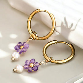 Amethyst Blossom Pearl Hoop Earrings