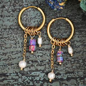 Golden Amethyst Bloom Drop Hoop Earrings