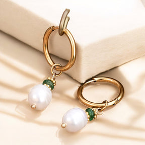 Golden Grace Pearl & Green Agate Hoop Earrings