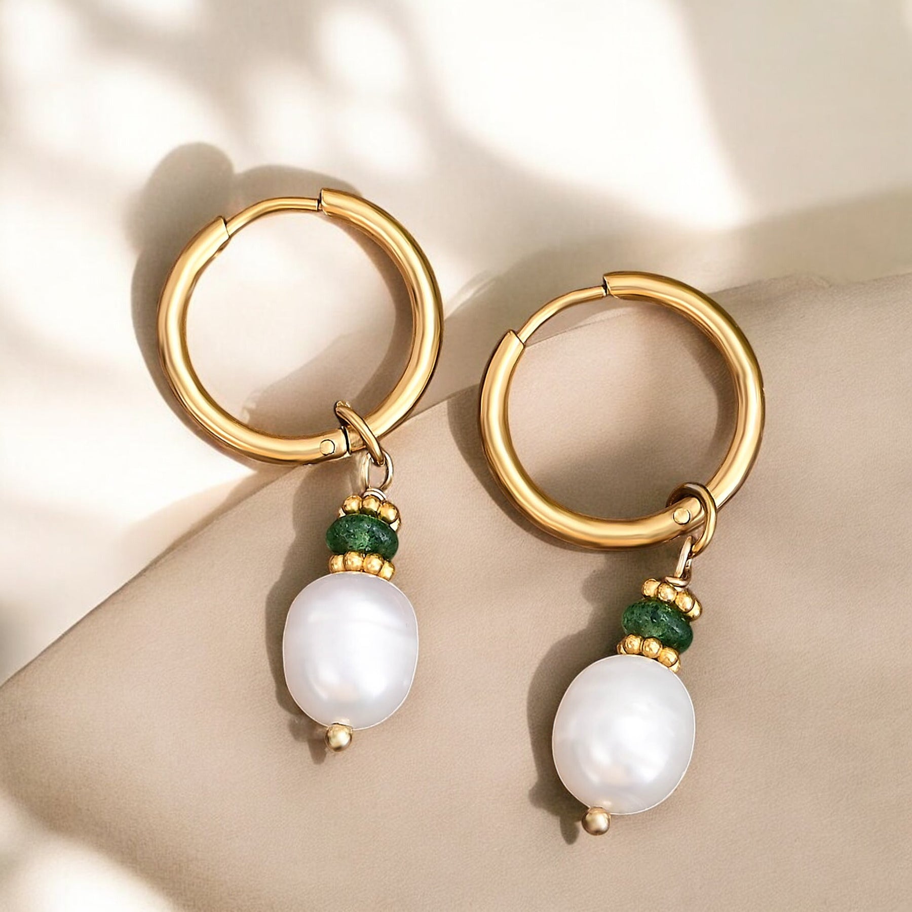 Golden Grace Pearl & Green Agate Hoop Earrings