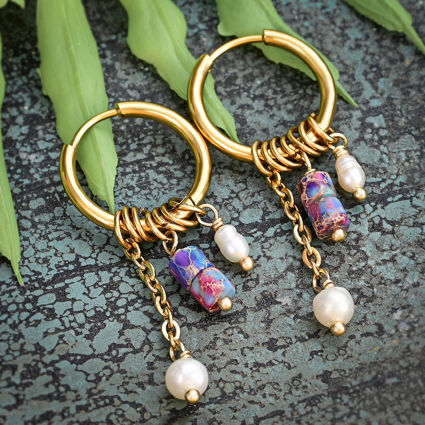 Golden Amethyst Bloom Drop Hoop Earrings