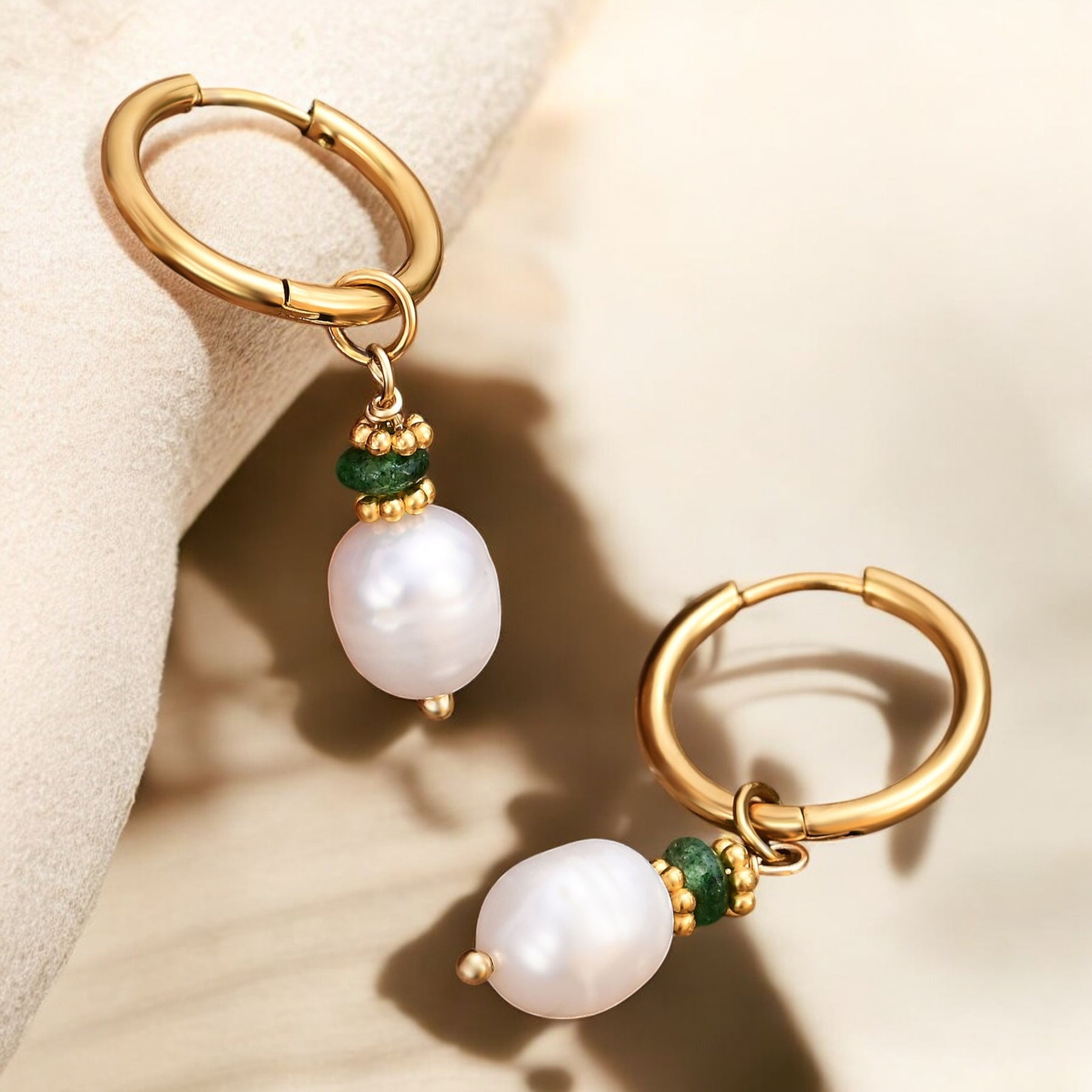 Golden Grace Pearl & Green Agate Hoop Earrings
